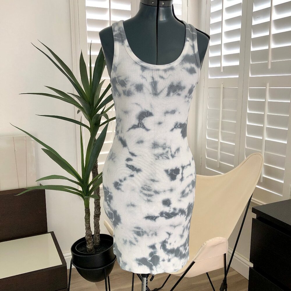 BOBI Gray and White Ribbed Tie Dye Tank Top Mini Dress, Size Small